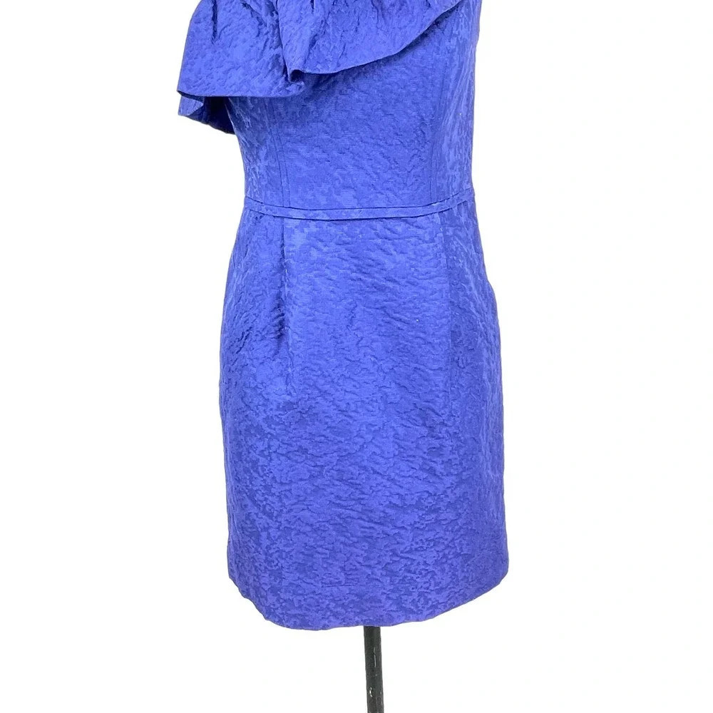 Shoshanna Ruffle One Shoulder Jacquard Textured Dress Blue‎ Size 4 - Picture 3 of 8